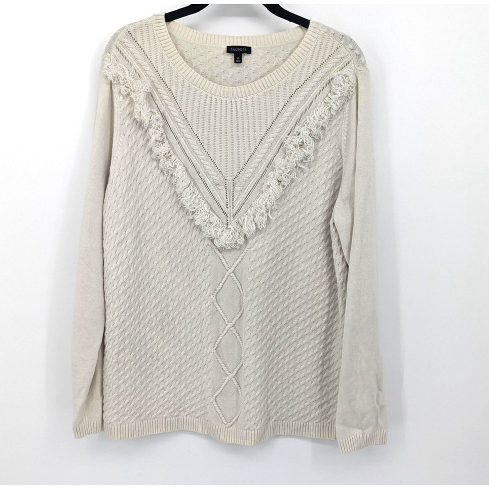 Talbots Sweater Womens XL Cream Fringe Textured Pullover Wool Blendโ Knit Casual